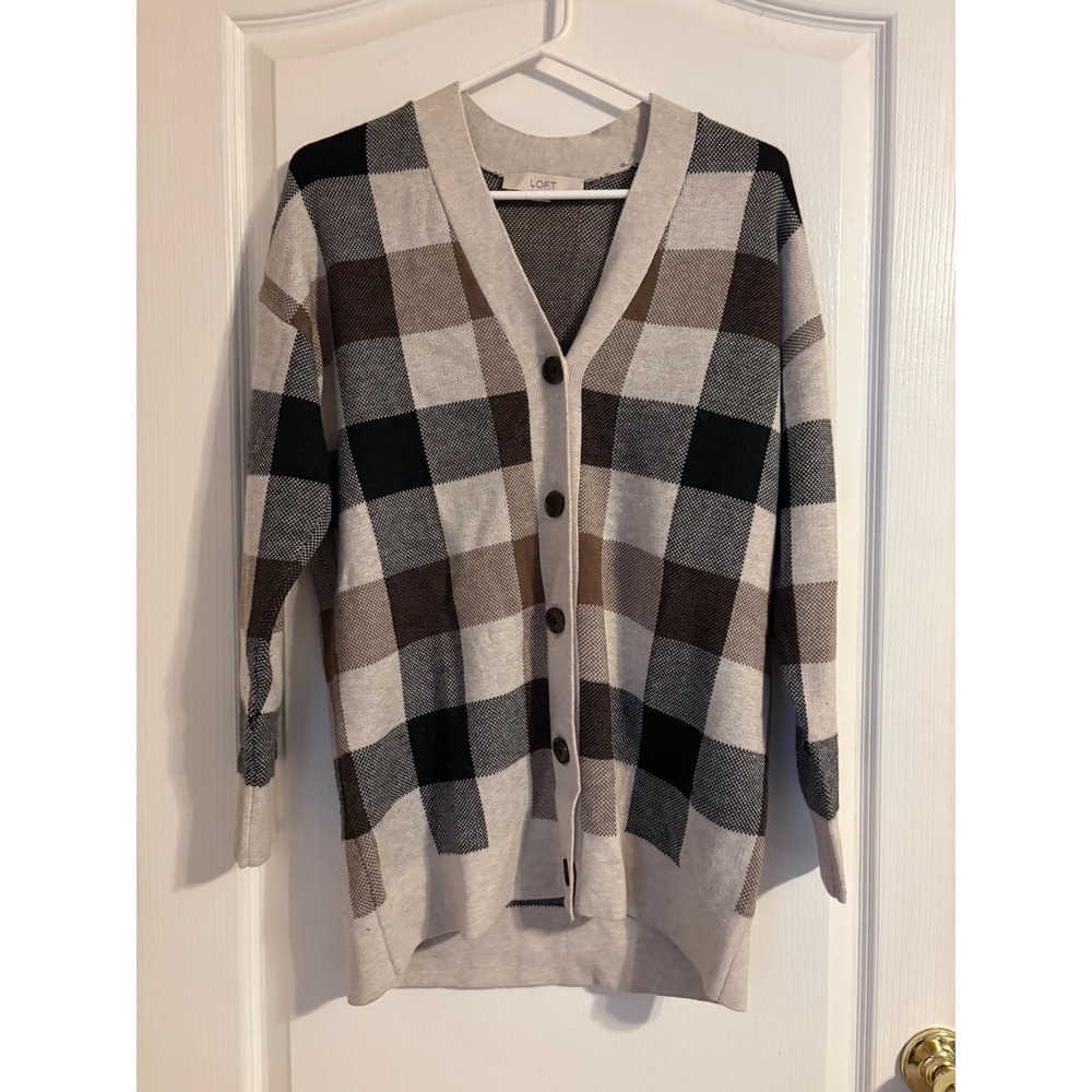 LOFT Plaid Sweater Women Small Brown Black Excellent Buffalo Check Knit Top